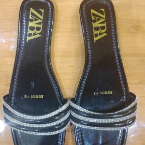 Zara Black Rhinestone Strap Slide Sandals – Elegant Flat Slippers for Women