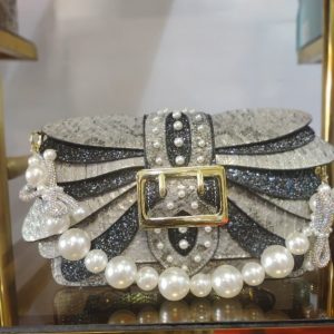 Luxury Glitter Pearl Handbag with Gold Buckle – Elegant Evening Clutch for Women