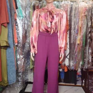 Elegant Pink Abstract Satin Blouse & High-Waist Purple Wide-Leg Pants Set for Women