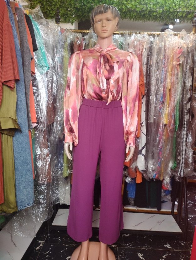 Elegant Pink Abstract Satin Blouse & High-Waist Purple Wide-Leg Pants Set for Women