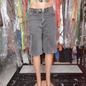 Women’s Washed Black Cargo Denim Shorts – High-Waist Street Style Jean Shorts