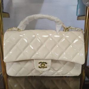 Classic Glossy Cream Quilted Handbag for Women – Elegant Top Handle Purse with Gold Chain Detail