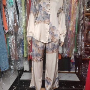 Women’s Satin Printed Two-Piece Set – Long Sleeve Button-Up Shirt and Wide-Leg Pants
