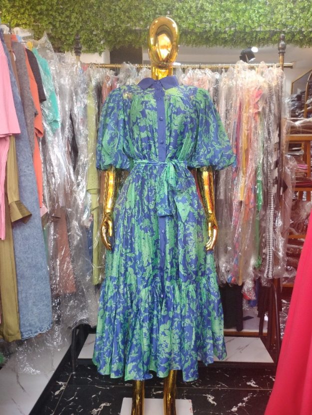 Elegant Blue and Green Floral Maxi Dress with Puff Sleeves and Waist Tie – Women’s Button-Up Flowy Dress