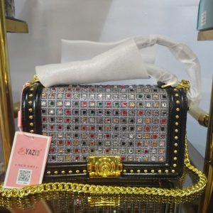 Luxury Crystal-Studded Shoulder Bag for Women – Multicolor Rhinestone Crossbody with Gold Chain