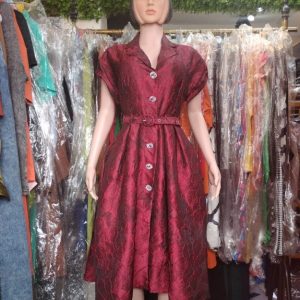 Elegant Wine Red Button-Down Midi Dress for Women – Short Sleeve Belted A-Line Dress