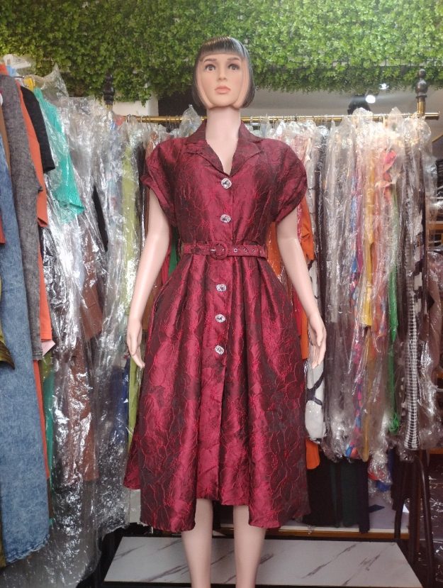 Elegant Wine Red Button-Down Midi Dress for Women – Short Sleeve Belted A-Line Dress