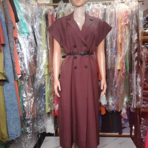 Elegant Brown Double-Breasted Midi Dress with Belt – Women’s Sleeveless Trench Style Dress