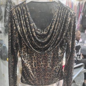 Glam Leopard Print Shimmer Top – Long Sleeve Metallic Cowl Neck Party Blouse