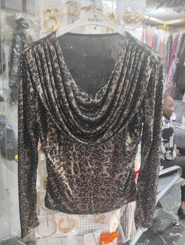 Glam Leopard Print Shimmer Top – Long Sleeve Metallic Cowl Neck Party Blouse