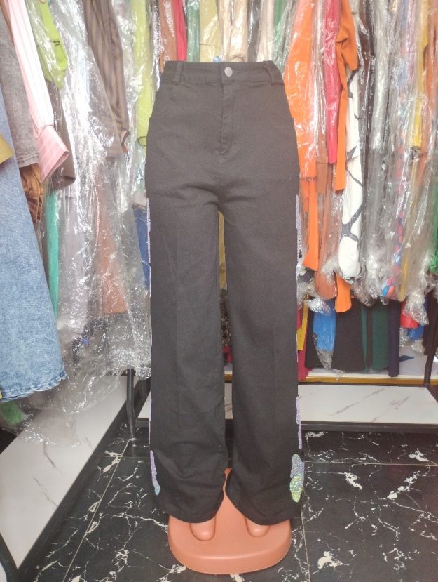 Women’s Black High-Waisted Wide-Leg Pants with Sequin Side Detailing