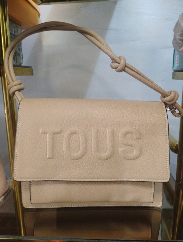 Women’s Beige Embossed TOUS Shoulder Bag – Elegant Minimalist Crossbody with Knotted Strap