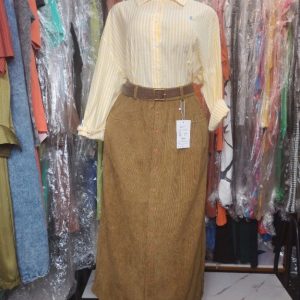 Women’s Vintage Corduroy Skirt and Striped Shirt Set – Long Sleeve Button-Up Top with Belted Maxi Skirt