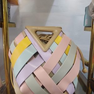 Trendy Multicolor Woven Leather Handbag – Geometric Tote with Triangular Handle