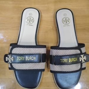 Tory Burch Women’s Designer Slides – Elegant Black and Beige Flat Slip-On Shoes