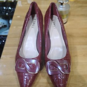 Women’s Burgundy Croc-Embossed Pointed-Toe Flats with Metallic Buckle Detail
