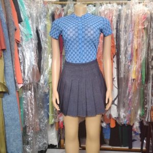 Chic Blue Patterned Blouse and Pleated Mini Skirt Set for Women – Casual Two-Piece Outfit