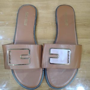 Miu Miu Women’s Tan Slide Sandals – Classic Leather Slip-On Flats with Gold Buckle Detail