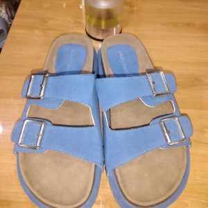 Unisex Blue Suede Double Buckle Slide Sandals – Comfortable Casual Slip-On Footwear