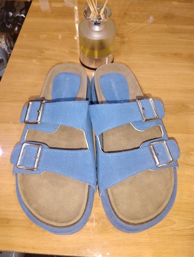 Unisex Blue Suede Double Buckle Slide Sandals – Comfortable Casual Slip-On Footwear