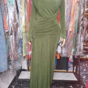 Elegant Olive Green Draped Evening Gown – Long Sleeve Bodycon Maxi Dress for Women