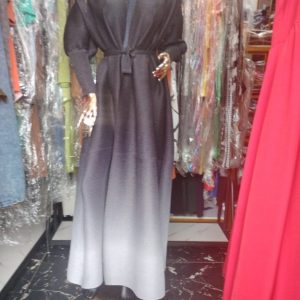 Elegant Ombre Long Sleeve Maxi Dress – Gradient Black to Grey Belted Evening Dress