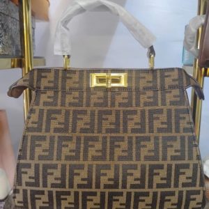 Women’s Fendi Designer-Inspired Brown Monogram Top Handle Bag – Elegant Structured Tote with Gold-Tone Hardware