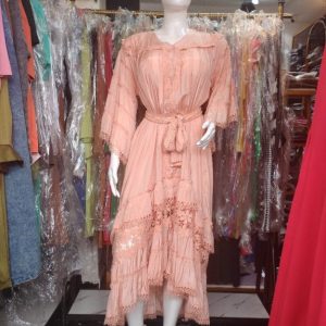 Peach Lace Ruffle Midi Dress with Belt – Bohemian Flowy Long Sleeve Dress for Casual and Semi-Formal Occasions