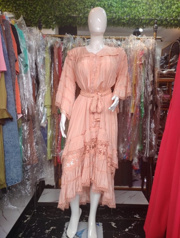 Peach Lace Ruffle Midi Dress with Belt – Bohemian Flowy Long Sleeve Dress for Casual and Semi-Formal Occasions