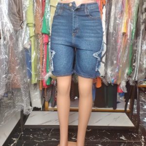 High-Waist Ripped Denim Bermuda Shorts for Women – Casual Stretchy Blue Jean Shorts
