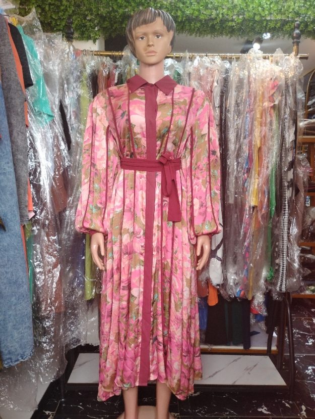 Elegant Floral Print Long Sleeve Belted Midi Dress for Women