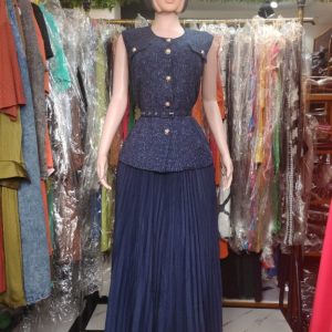 Navy Blue Sleeveless Pleated Two-Piece Dress – Elegant Belted Waist Top and Maxi Skirt Set for Women