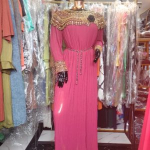Elegant Magenta Maxi Dress with Gold Embellished Neckline and Cuff Details – Long Sleeve Pleated Evening Gown