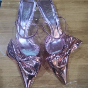 Pink Metallic Pointed-Toe Heels with Oversized Bow – Elegant High Heel Mules for Women