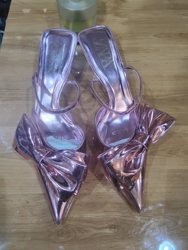 Pink Metallic Pointed-Toe Heels with Oversized Bow – Elegant High Heel Mules for Women