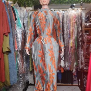 Elegant Pleated Midi Dress for Women – Long Sleeve Belted Floral Print Dress