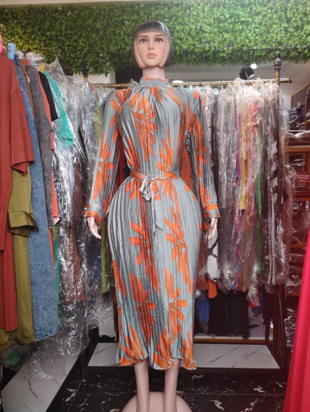 Elegant Pleated Midi Dress for Women – Long Sleeve Belted Floral Print Dress