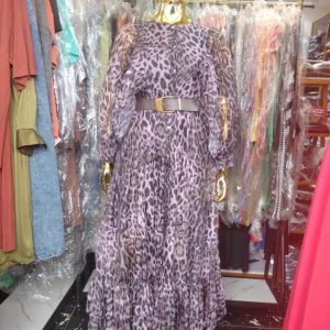 Women’s Leopard Print Maxi Dress with Belt – Long Sleeve Ruffled Hem Elegant Animal Print Dress