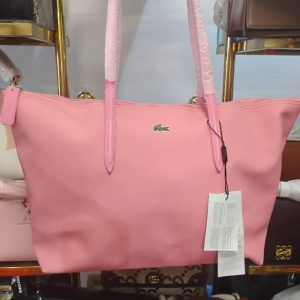 Lacoste Pink Zipper Tote Bag – Large Women’s Shoulder Bag with Long Handles