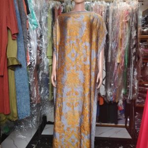 Elegant Loose-Fit Printed Kaftan Maxi Dress for Women – Yellow and Gray Pattern