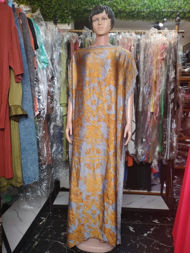 Elegant Loose-Fit Printed Kaftan Maxi Dress for Women – Yellow and Gray Pattern