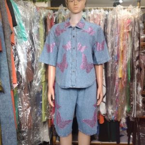 Women’s Denim Two-Piece Set – Short Sleeve Button-Up Top and Knee-Length Shorts with Butterfly Design
